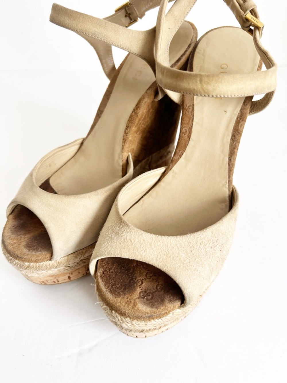 SZ 36.5 Gucci Suede Espadrille Wedge Sandals Beige Logo Platform - Picture 2 of 8